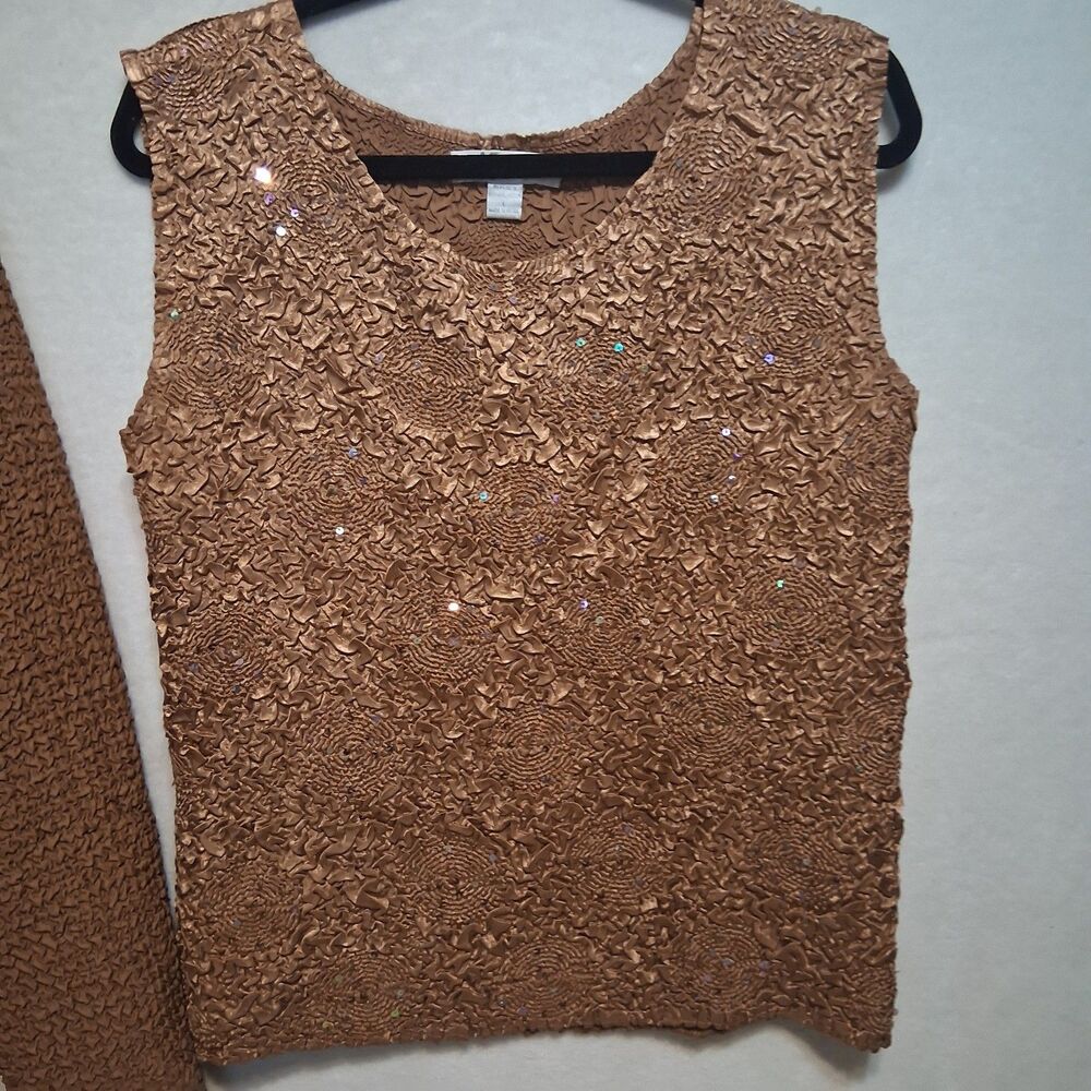 Dressbarn L Twin Set Button Front Top & Shell Textured Sequin Brown Stretch Glam - Picture 3 of 9